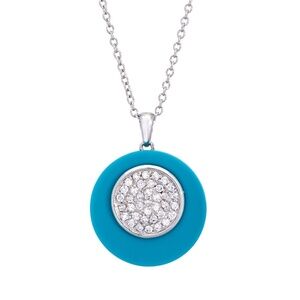 Turquoise Enamel Disc Pendant Necklace in Sterling Silver with pave CZ